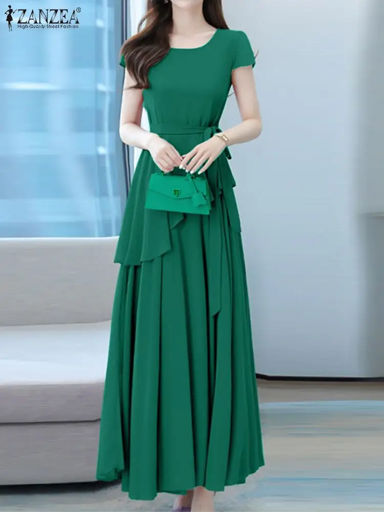 

2022 ZANZEA Women Summer Elegant Dress Ruffle Solid Color O-Neck Short Sleeve Robe Femme Fashion Party Holiday Loose Vestidos