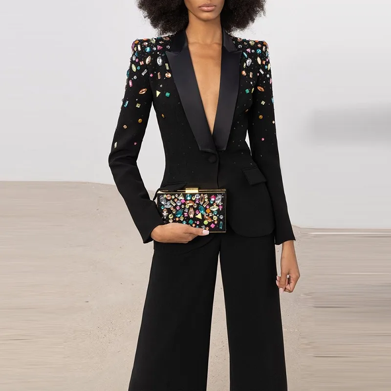 

Blazer Suit Set For Ladies Classic Black Exquisite Beads Fashion Design Women Street Two Pieces Pants Quality Outfits