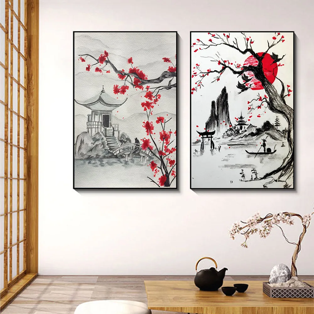 Japanese style landscape canvas painting watercolor wall art poster living room corridor home decoration mural |