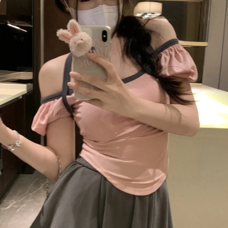 Sexy Halter Tops T-shirts Women Clothing Panelled Puff Sleeve Kawaii Summer Vintage Aesthetic Tender Basics Girl Temper Daily