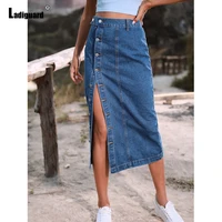 ladiguard 2022 single breasted mid calf denim skirt women streetwear all match bodycon dresses high waist straight jeans skirts