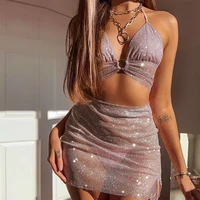 womens sexy camisole and skirt suit personality glitter solid color backless tops and high waist short mini skirt 2022