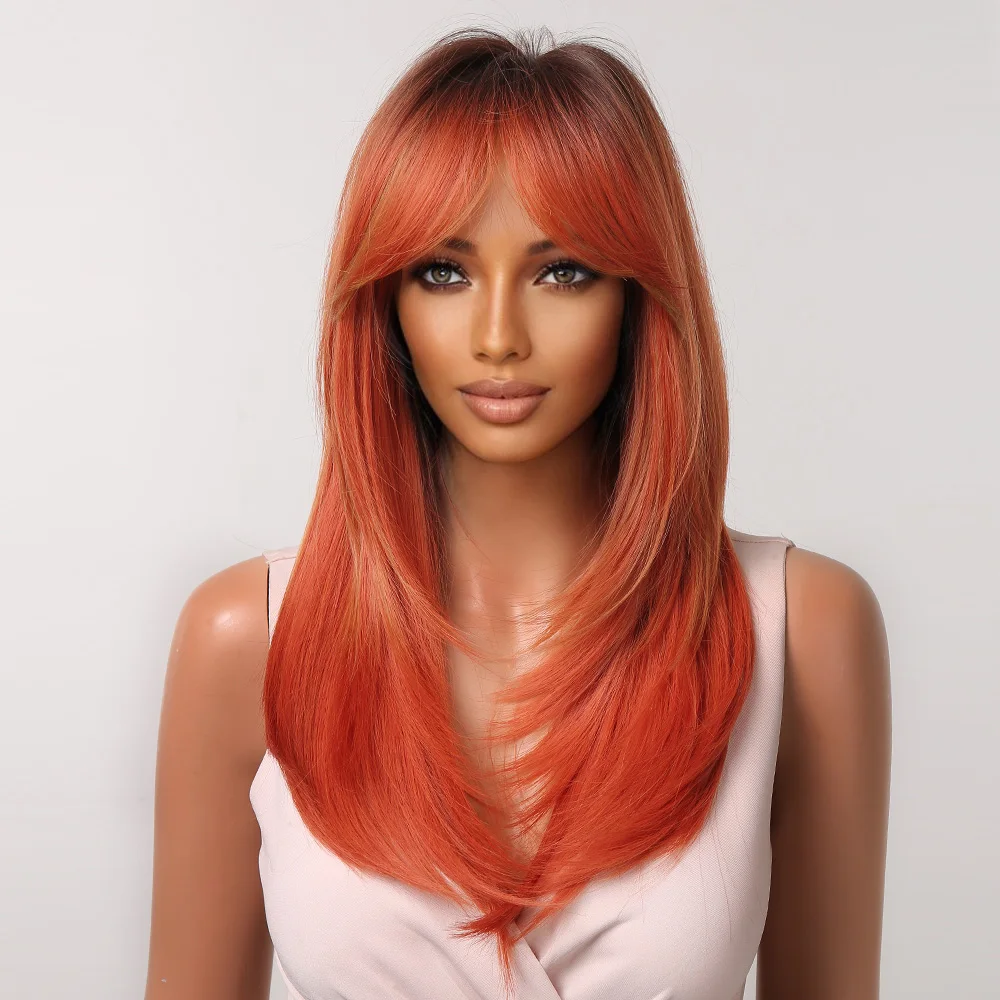 Orange Straight Synthetic Wigs Long Highlight Hair Wigs with Bangs for Black Women Cosplay Medium Wig Heat Resistant Daily Use