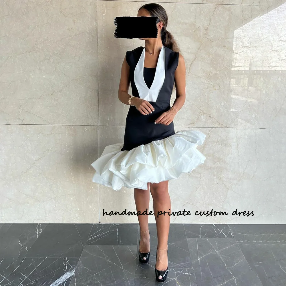 

Black Mermaid Saudi Arabic Prom Party Dreses V Neck Ruched Satin Knee Length Dubai Evening Dress Sleeveless Women Formal Gowns