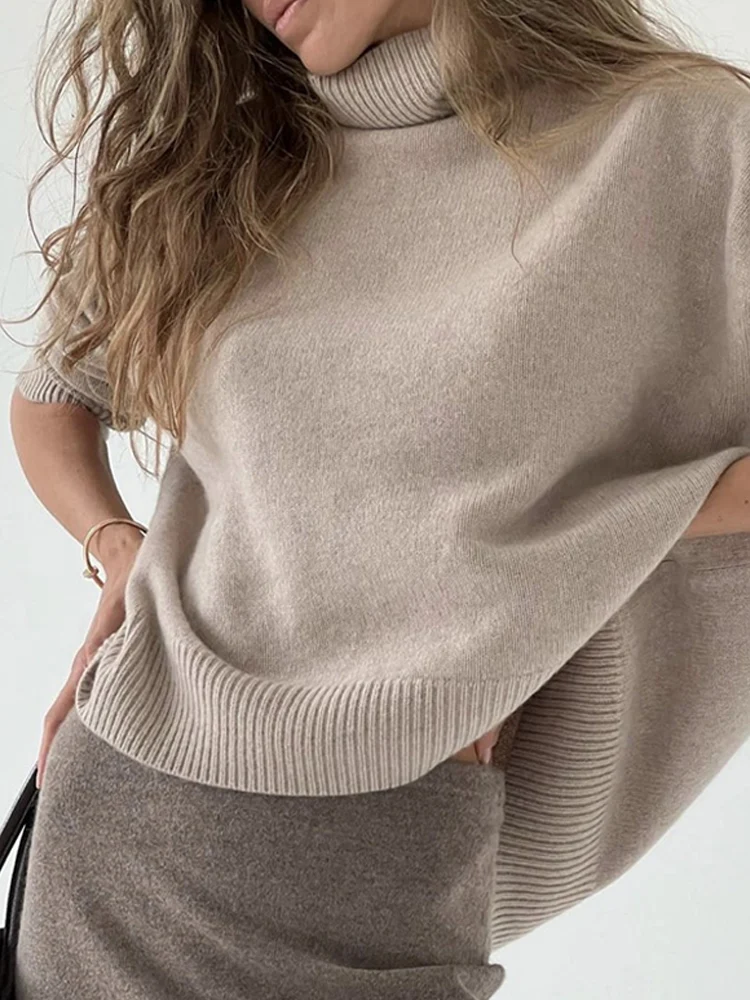 

Elegant Blue Knitted Turtleneck Sweater Women 2022 Autumn Winter Long Batwing Sleeve Loose Sweaters Female Chic Warm Pullover