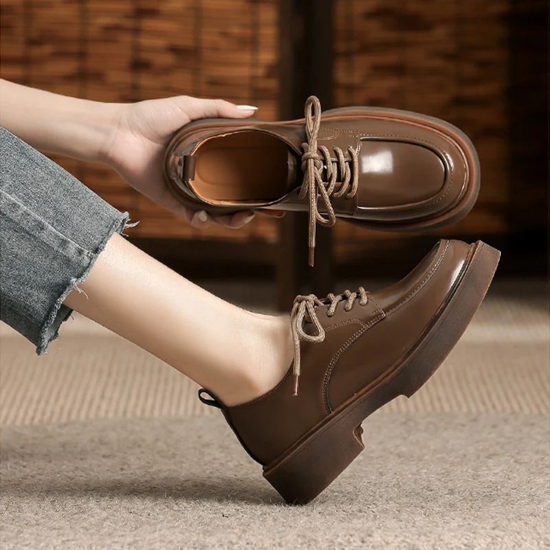 Platform Oxfords Loafers Women Lace Up Round Toe Eco-friendly Leather Shoes Mixed Color Casual Dress Ladies Shoes Handmade 4.5cm