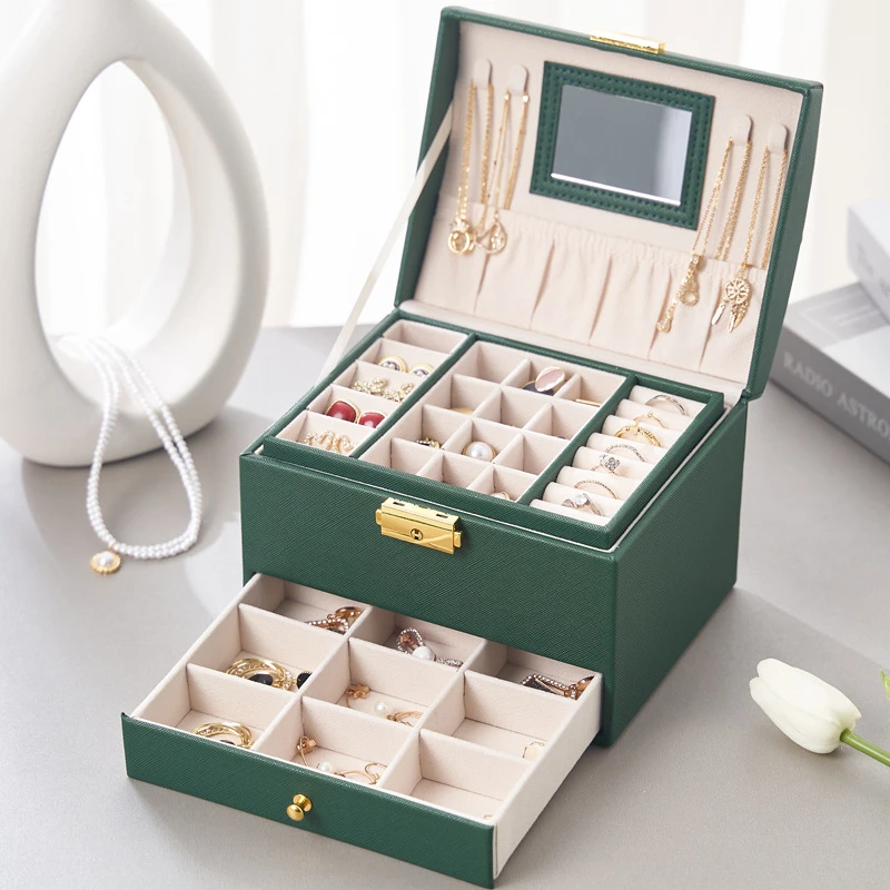 Ailodo PU Leather Jewelry Organizer With Mirror Multilayer Necklaces Earrings Rings Bracelets Jewelry Box For Women Girls Gift