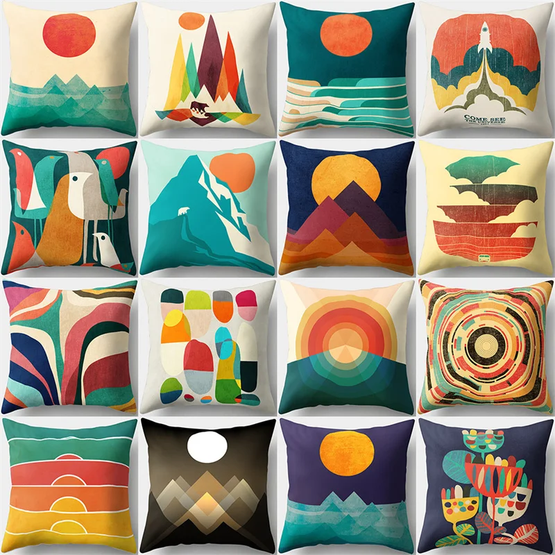 

45x45cm Abstract Geometric Sunrise Pillowcase Decorative Natural Mountain Landscape Cushion Pillow Cover Sofa Bedroom Decoration