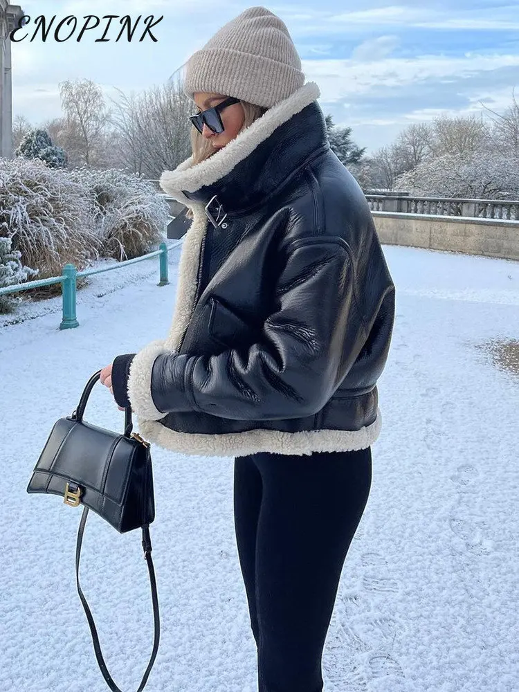 2022 Winter Warm Faux Shearling Jacket for Woman Vintage Leather Motorcycle Coat Suit Long Sleeve Belt Female Thick Outerwear