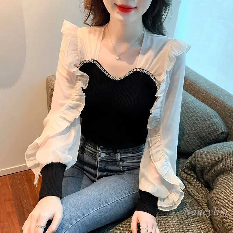 

Square Collar Tshirt Womens 2022 Autumn New Ruffled Contrast Color Chiffon Long Sleeve Patch Knitted Undershirt Inner Wear Top