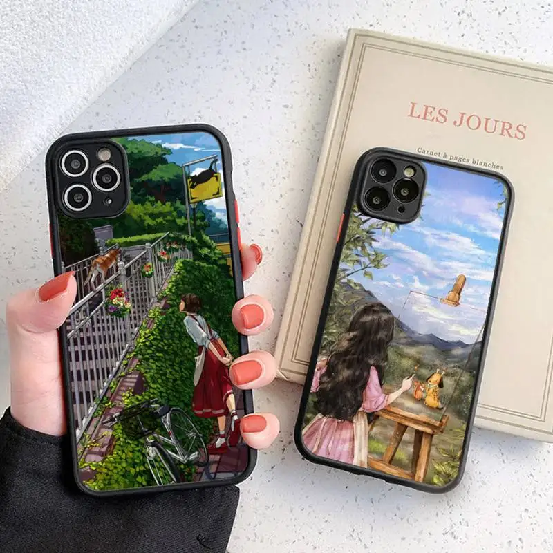 

Cartoon Scenery Girl Phone Case Colorful Bumper Shockproof Trasparent For iPhone 13 12 11 Pro Max XR X XS 7 8 Plus Black Covers