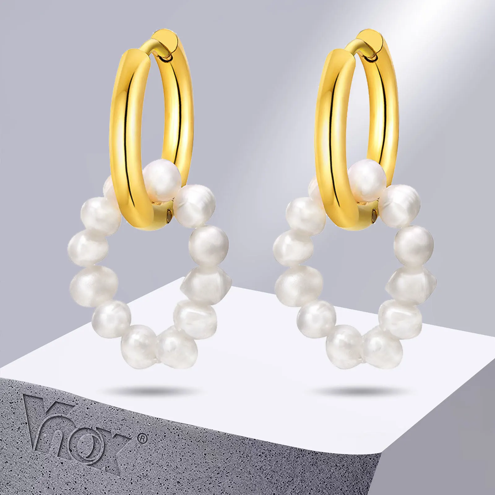 

Vnox Freshwater Pearl Circle Earrings for Women, Small Hoops, Gold Color Stainless Steel Huggie, Dainty Boho Balot Jewelry
