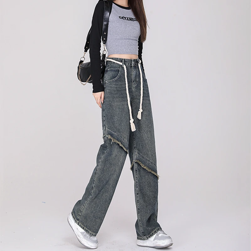 Spring and Summer 2023 New Wide Leg Belt Jeans Women's High Waist Fashion Versatile Straight Loose Wide Leg Floor Pants