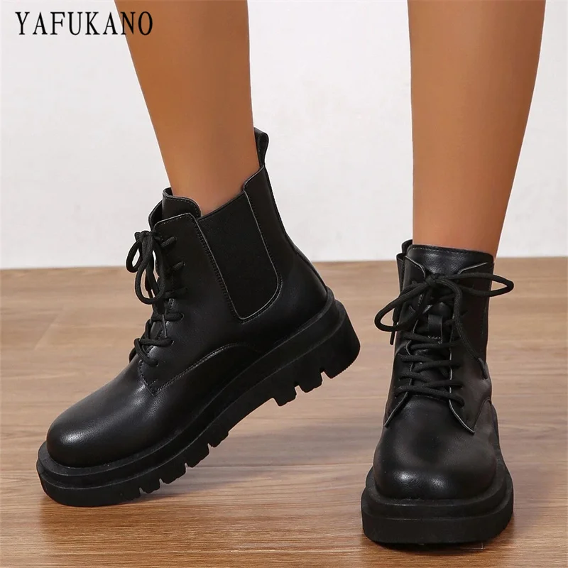 

Women Boots Womens 2022 Autumn New Single Shoes Thick-soled Chelsea Boots Fashion Round Toe Lace-up Short Boots Size 36-42