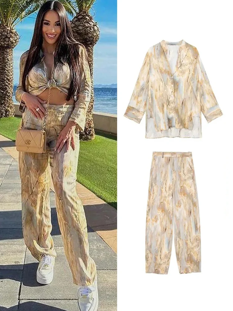 

TRAF Women Summer Fashion Tie-Dyed Blouse Pants Sets 2023 Single Breasted Shirts Casual Printed Elastic Waist Pants Outwear