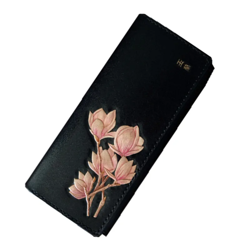 

Черные женские кошельки ручной работы с резьбой в виде магнолии, кошельки с держателем для карт, мужской длинный клатч, подарок из раститель...