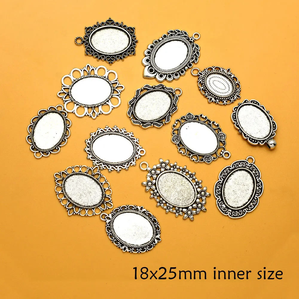 

18x25mm Silver Plated Oval Cameo Tray Bezels Blank Pendant Cabochon Base Setting Jewelry Making Wedding Bouquet Accessories