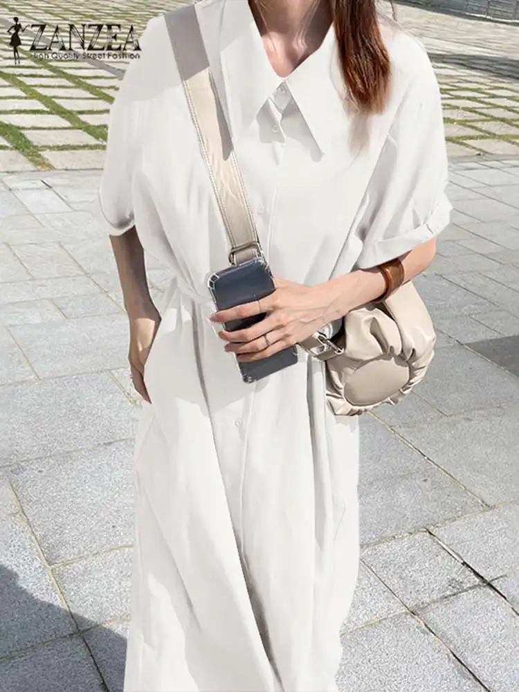 

Модные женские платья-рубашки 2022, летние длинные платья ZANZEA, элегантный Однотонный женский сарафан большого размера на шнуровке, длинные ха...
