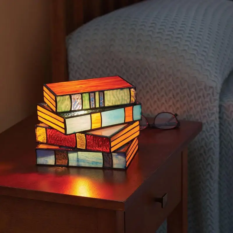 

Mini Stacked Books Lamp Decorative Vintage Reading Book Table Lamp Resin Table Desk Nightstand Desk Lamps Table Decor