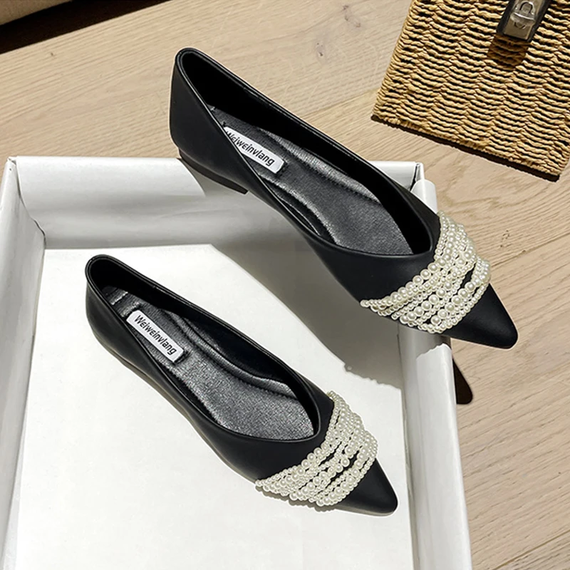 

Spring Autumn Fashion Women Flats Pointed toe Pearl Elegant Office Lady Shoes Flat Woman Single Shoes Black YX5001