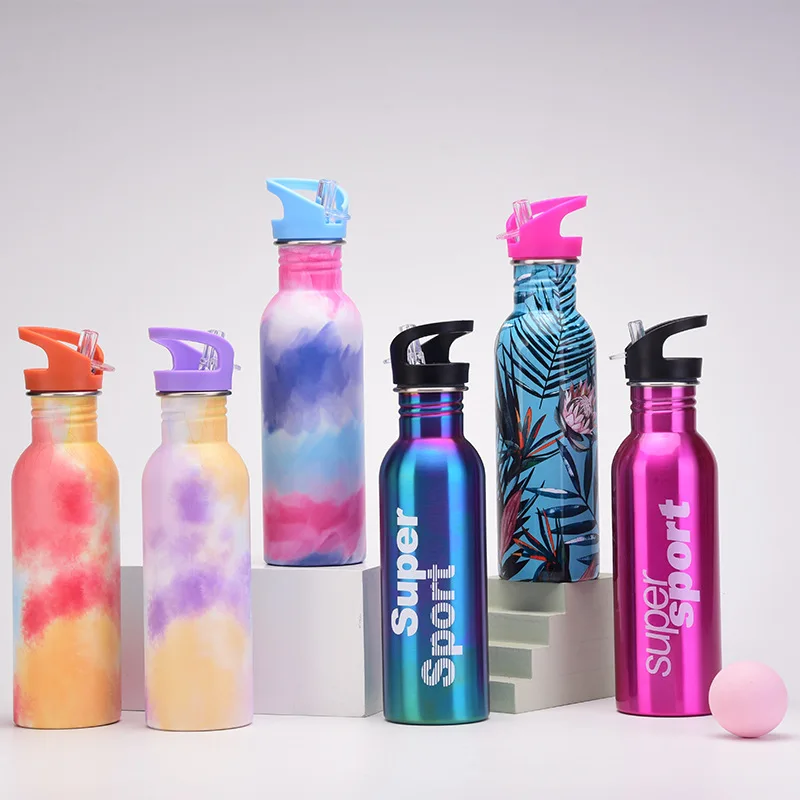 750ML Tie Dye Sports Water Bottle Stainless Steel Gym Water Bottle with Straw Lid Pattern Printing Vacuum Flask For Team Gifts