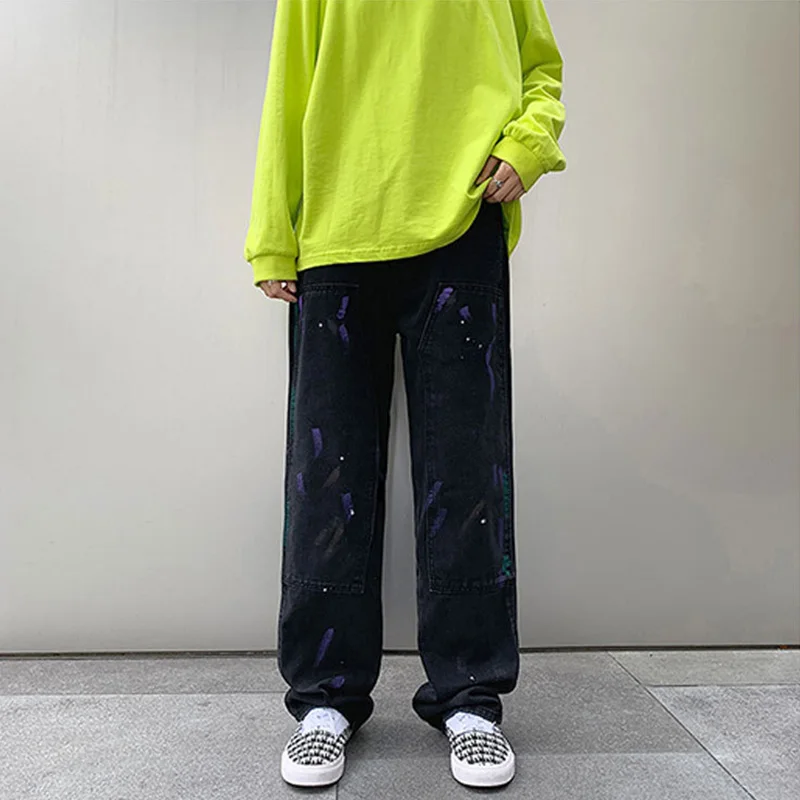 White Men's Jeans Fashion Graffiti Straight Pants High Street Nine Point Denim Trousers Vintage Y2k Clothes Casual Male Bottoms