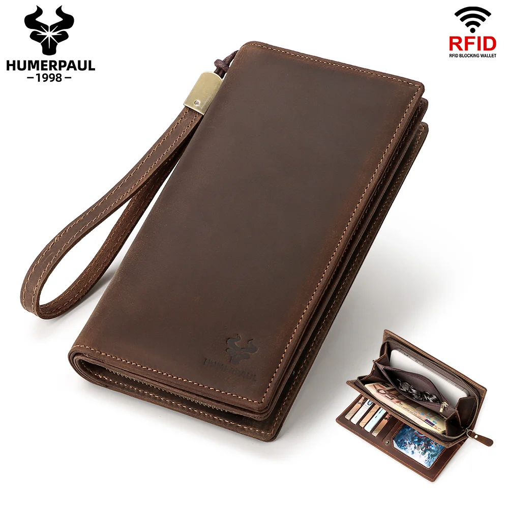

HUMERPAUL Men Wallet Clutch Crazy Horse Leather Long Purse RFID Blocking Card Holder Organizer Fashion Cell Phone Bag with Wrist