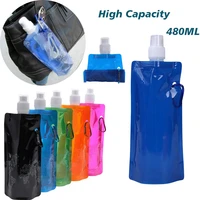 480ml foldable water bag eco friendly reuseable portable flask bottle with carabiner outdoor sport hiking camping water bucket