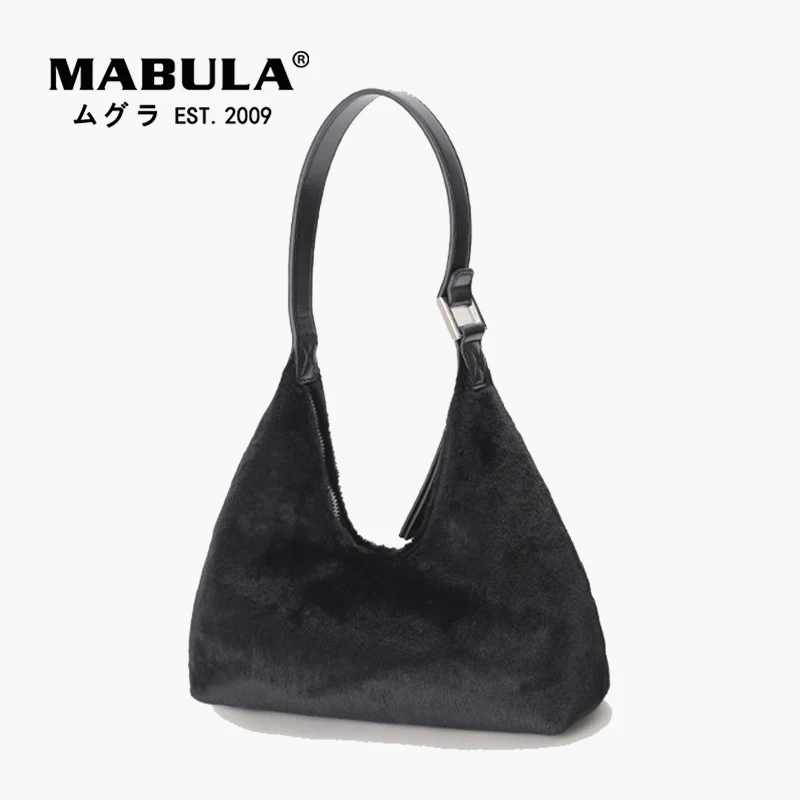 

MABULA Fuzzy Faux Fur Womens Hobo Evening Bag Small Solid Color Underarm Shoulder Pouch Plush Fluffy Clutch Handbag for Winter