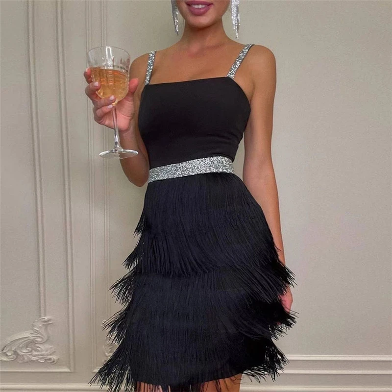 

Black Tassels Party Dress Dress Women Sexy Sleeveless High Waist Dress Summer