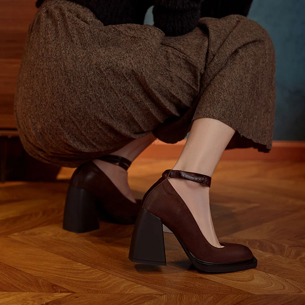 Krainluna Hot Sale Female Mary Janes Pumps Genuine Leather Square High Heels Women Shoes Concise 2022 New Arrival Shoes Woman OL