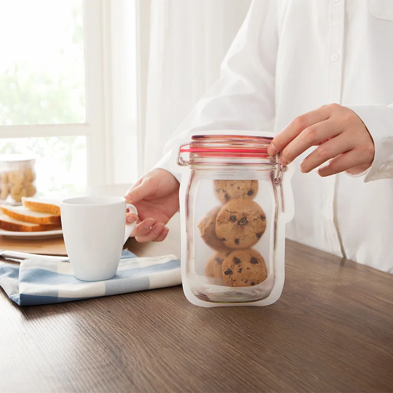 

Self Sealing Bags Transparent Mason Jar Bottles Ziplock Bags Reusable Food Storage Bag Cookies Bags Kitchen Organizer Sealed Bag