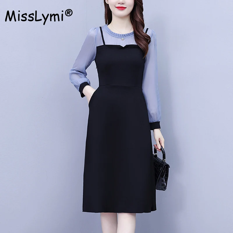 

Korean Dress Large Size Women Clothes Autumn 2023 Ruched O-neck Blue Chiffon Long Sleeve Patchwork Black Elegant Midi Dresses