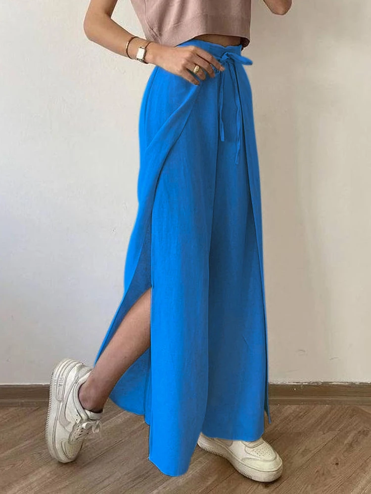 

Bornladies Casual Slit Cotton Linen Pants Summer Wrap Lace Up Elastic Waist Chic Street Trouser Straight Loose Women Pants 2022
