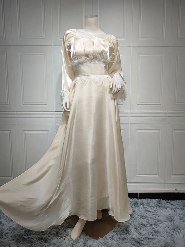 Feather Abaya Arabian Long Dress Women Shiny Satin Eid Muslim Evening Dresses Gulf Jalabiya  Dubai Turkish Wedding Party Abayas