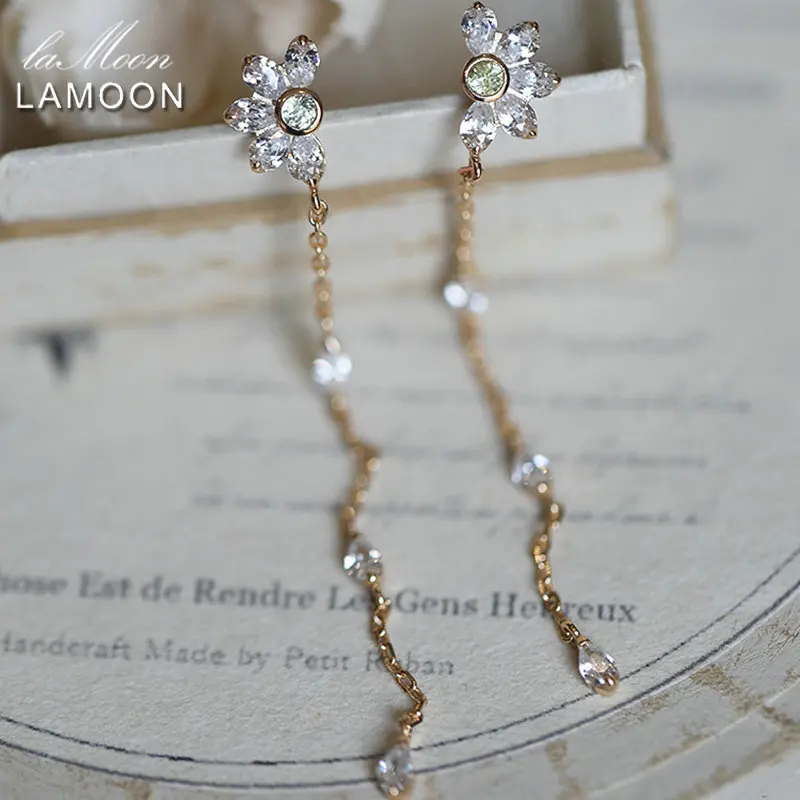 

LAMOON Daisy Flower Tassel Dangle Earring For Women Natural Peridot Zircon Drop Earrings 925 Sterling Silver Gold Plated Jewelry