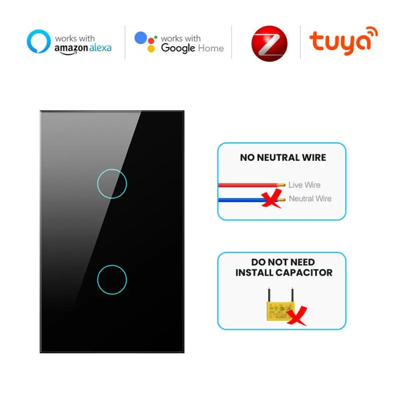 

Переключатель Tuya без нейтрального провода, требуется Голосовое управление, сенсорный переключатель, умное время работы Zigbee, 2/3 стеклянная панель, 1/клавиши
