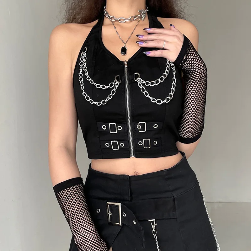 

Helisopus Black Sleeveless Backless Sexy Tank Tops Women Streetwear Grunge Buckle Chain Patchwork Gothic Halter Tops Camisole