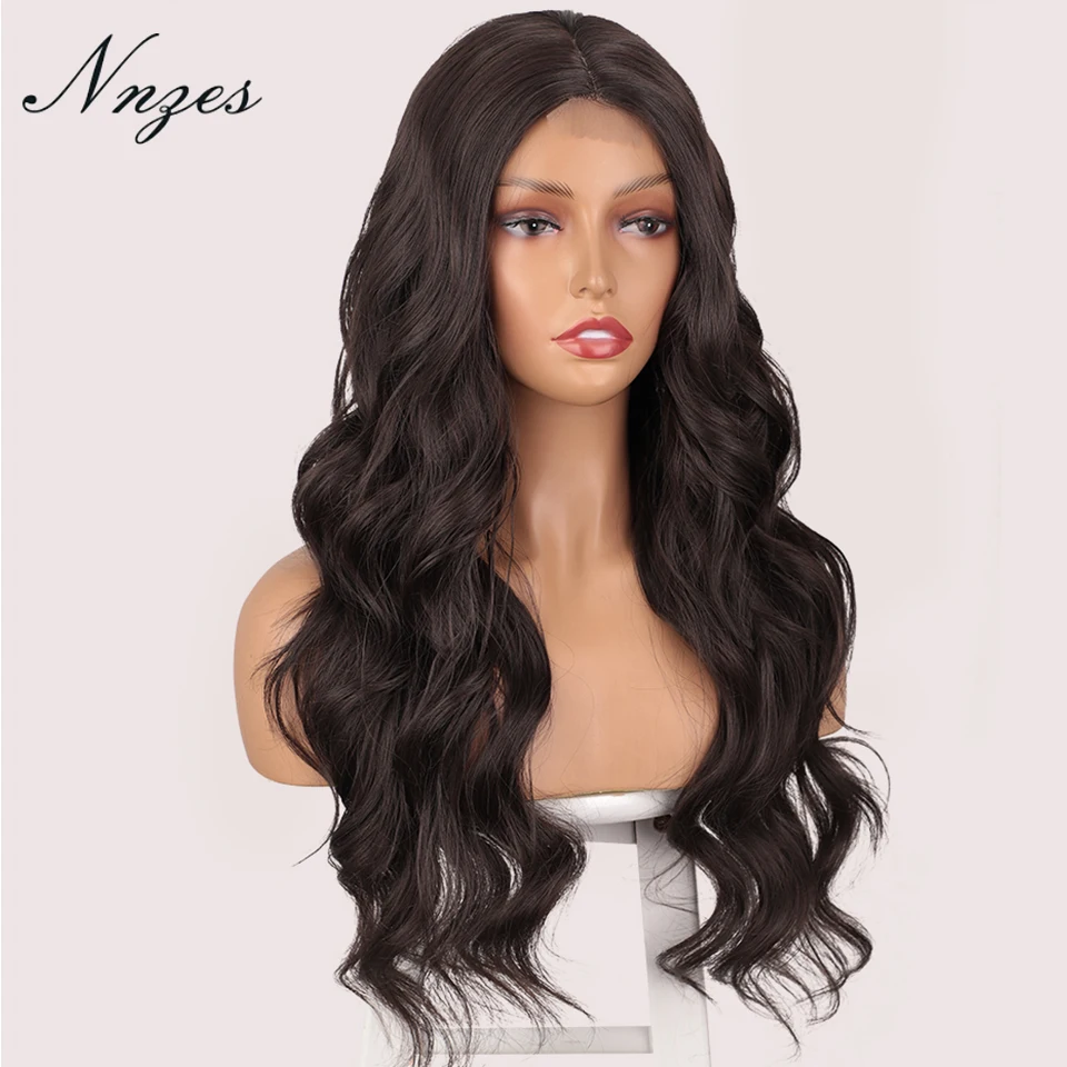 

NNZES Long Synthetic Wigs 26inches Water Wave Dark Brown Wig for Women Long Middle Part Wavy Ombre Red Mixed Blonde Wigs