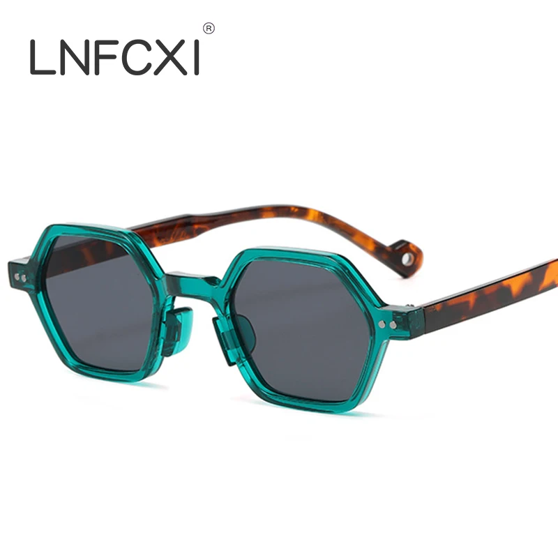 

LNFCXI Retro Polygon Square Sunglasses Men Candy Color Green Leopard Eyewear Shades UV400 Women Trending Punk Rivets Sun Glasses