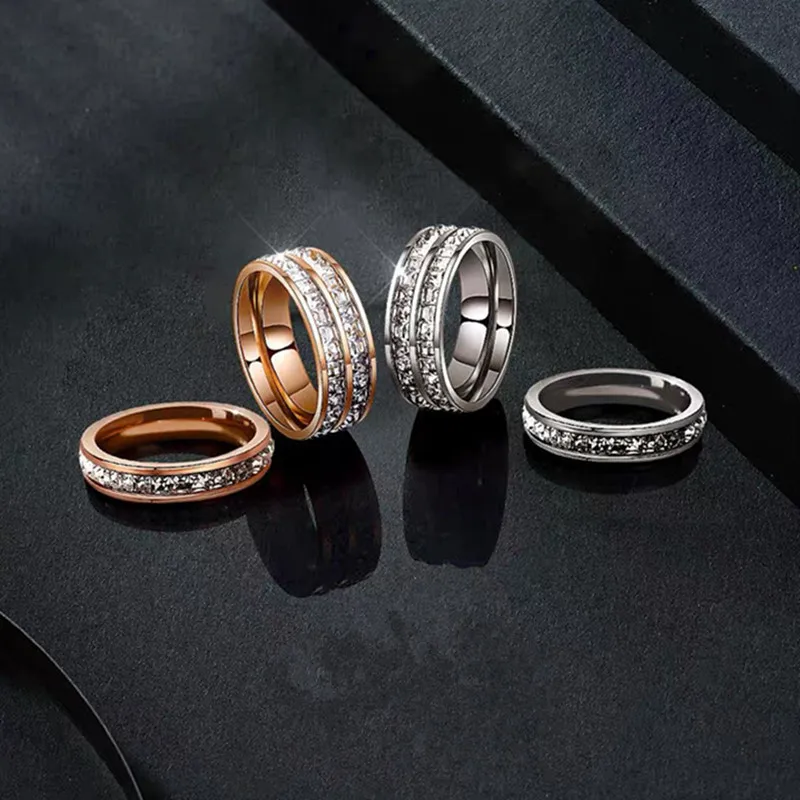 

Simple Romantic Full Diamond Titanium Steel Ring Double Row Square Diamond New Luxury Rose Gold Women South Korean