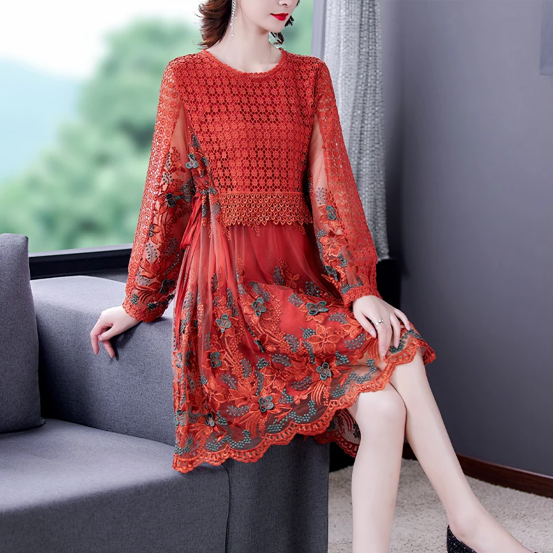 Women High Quality Embroidery Natural Silk Midi Dress Summer Fashion Light Loose Dress 2022 New Korean Elegant Evening Robe