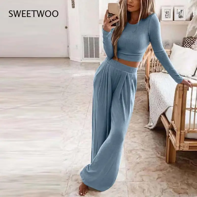 

Весенняя элегантная вязаная женская домашняя одежда, повседневный топ с круглым вырезом и брюки с широкими штанинами, однотонная пижама из ...