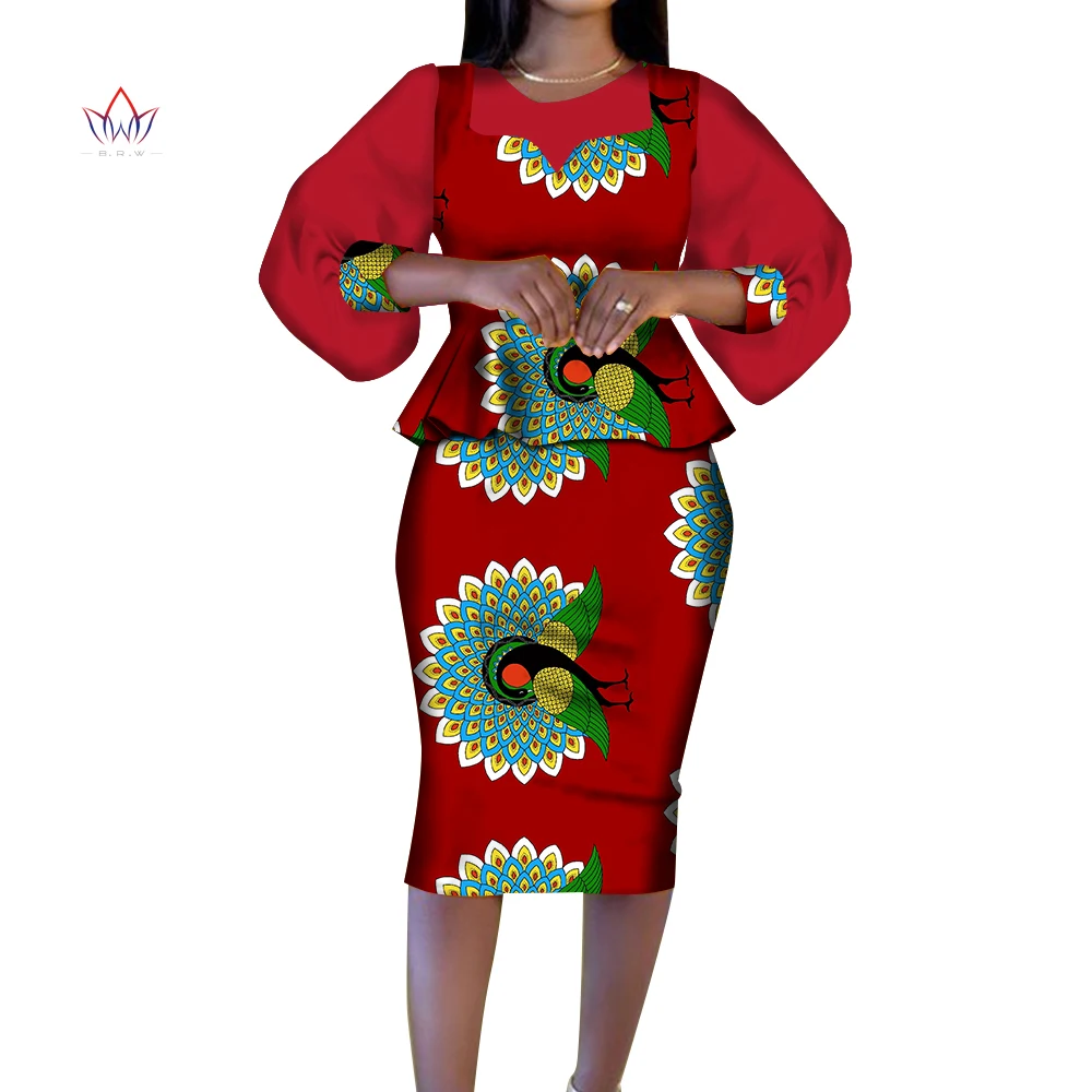 

Africa Clothes For Women Vintage Set Bazin Riche Puff Sleeve Suit Traditional Back Zipper Office Ladies European Clothing WY9525