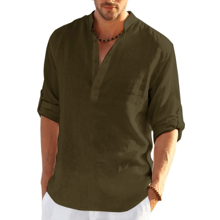 New Summer 2023 spring cotton linen Hot Sale Plus Size Men's Long Sleeve Shirts Solid Color Stand Collar Casual Cardigan