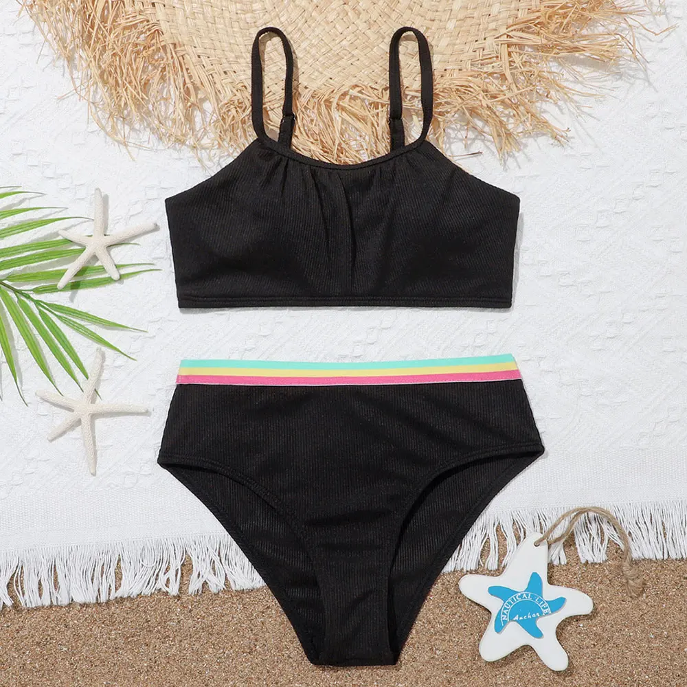 

Купальник для девочек с радужной полосой и лентами, детский черный комплект бикини в рубчик, детский купальник из двух предметов, купальный ...