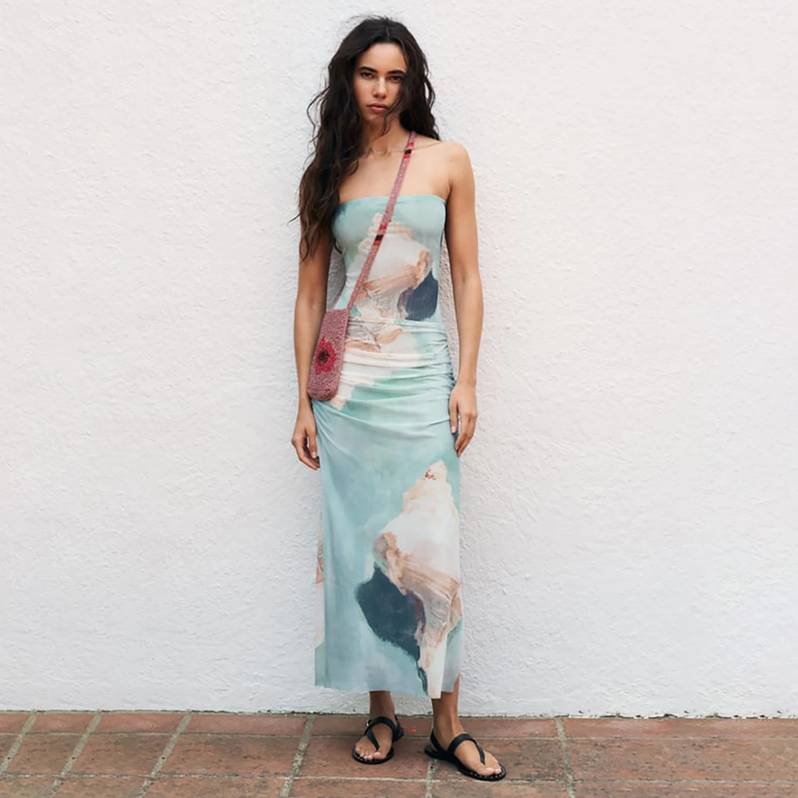 

Модные женские юбки, комплект из 2 предметов, элегантный тюлевый боди с принтом, топы, юбка миди с эластичным поясом, повседневный уличный костюм