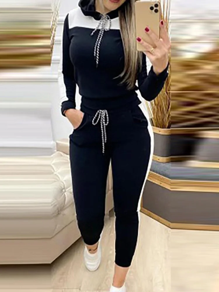 

Seedtotree Colorblock Long Sleeve Hooded Tops & Drawstring Skinny Pants Set Casual Sporty Women Two Piece Set Tracksuits