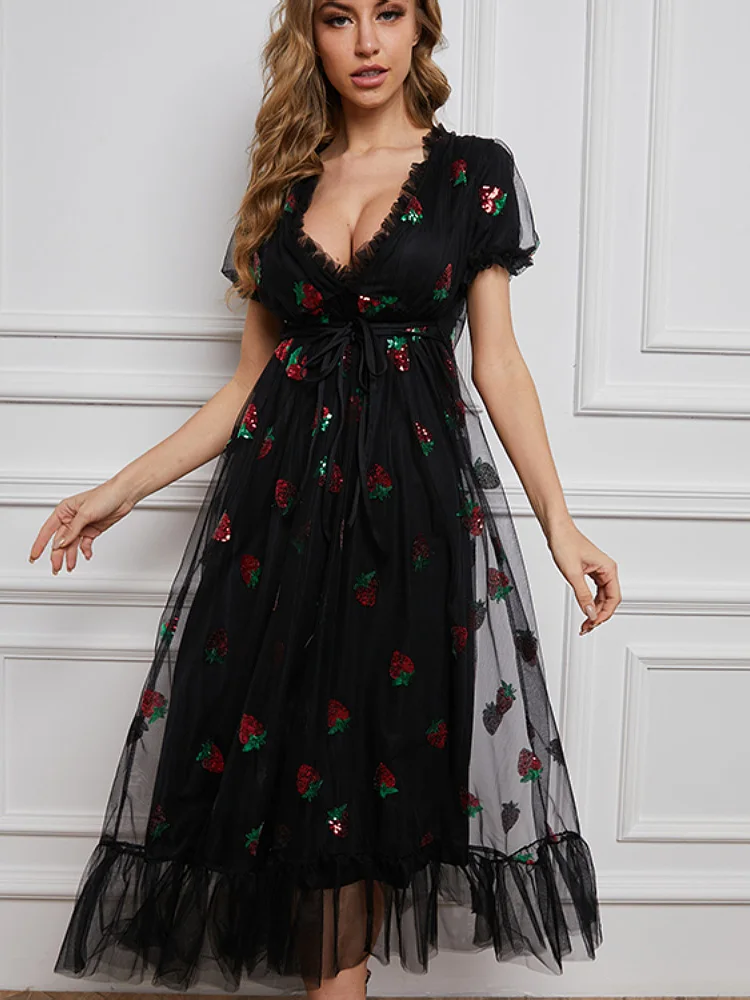

Fashion Elegant Women Strawberry Printed Dress Puff Sleeve High Waist Mesh Sequins Embroidery Sexy Evening Party Dresses Vestido