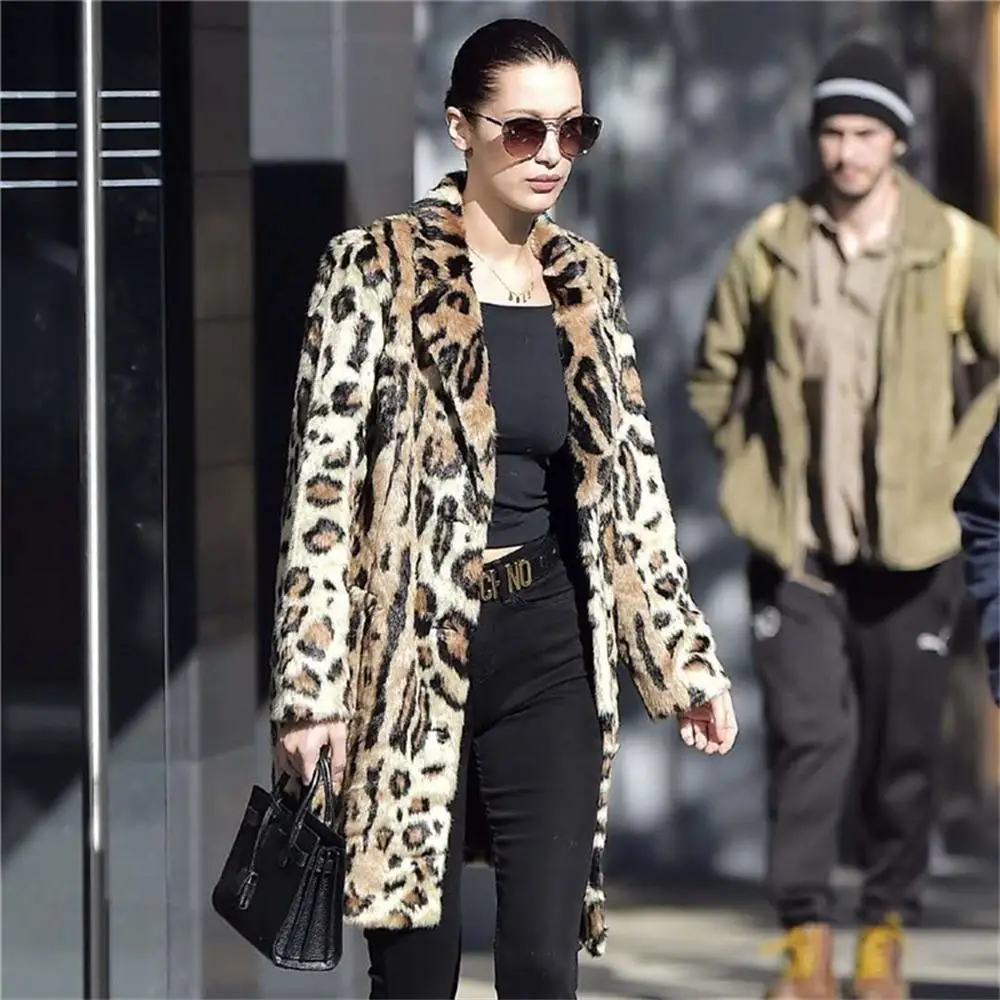 Leopard Print Coat Women's New European And American Fashion Loose Mink Winter Style Over The Knee Long Windbreaker